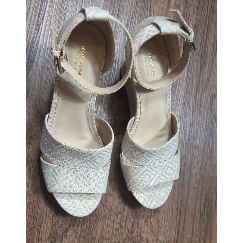 Liz Claiborne Wedge Heels 10 Espadrille Ankle Strap Geometric Beige Light Boho‎